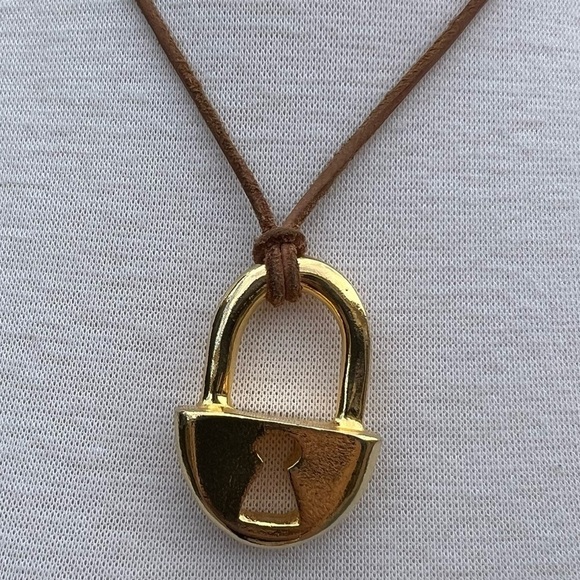GOLD TONE Locket Necklace on Leather Cord - Picture 1 of 5